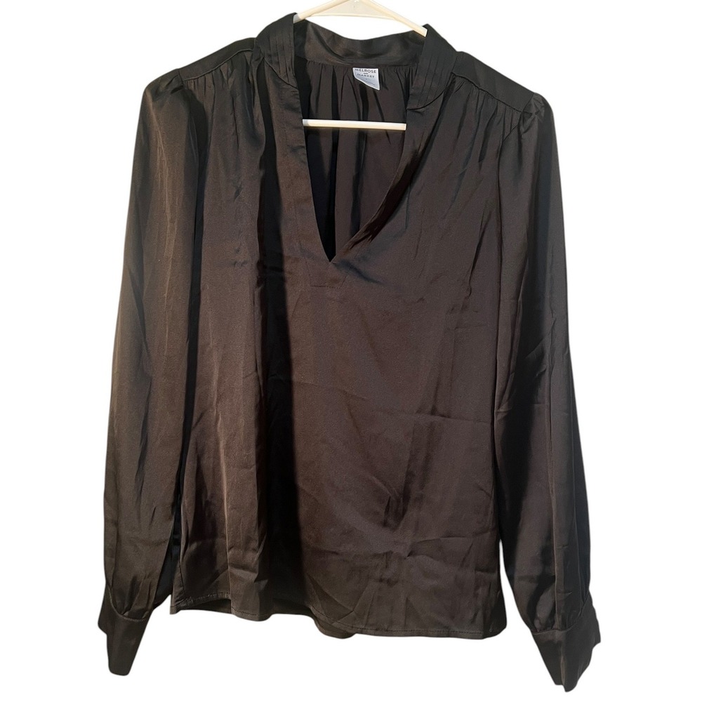 Melrose and Market Womens Sz Small Blouse V-Neck Satin Black Long Sleeve Pleated